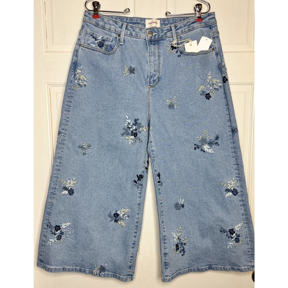 Driftwood Amie Culotte 14 W32 Summer Blues Wide Leg Cropped Jeans Embroidered